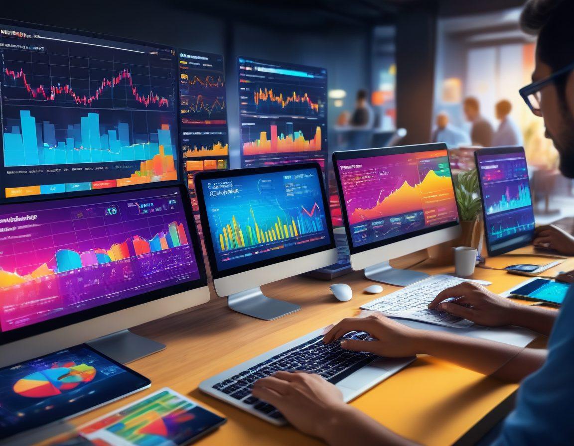 A bustling digital marketplace filled with people interacting through smartphones and laptops, colorful charts and graphs showing rising trends, a spotlight on a computer screen displaying successful marketing metrics like SEO and social media likes. vibrant colors. super-realistic.