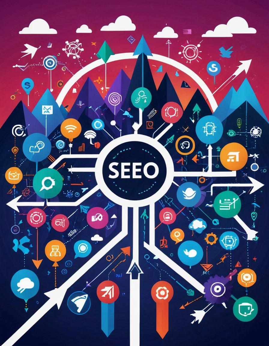 A dynamic, interconnected web where SEO elements like keywords, analytics, and backlinks intertwine seamlessly with vibrant content marketing icons such as blogs, videos, and social media posts. A bustling digital landscape with arrows and pathways linking SEO and content marketing tools, symbolizing a unified strategy. futuristic style. vibrant colors.