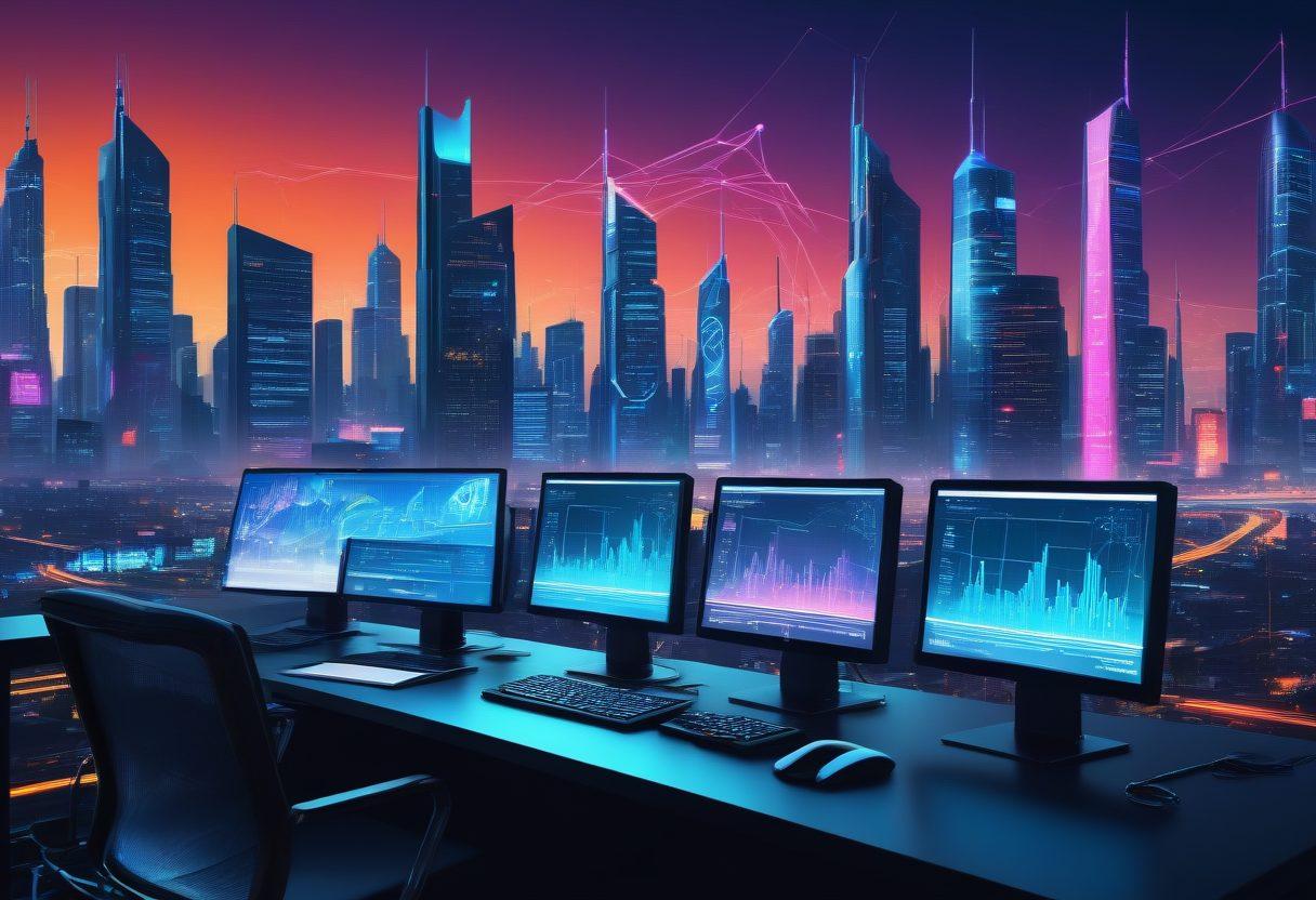 A futuristic digital landscape featuring sleek computers, coding scripts, and vibrant digital marketing icons like social media, SEO, and analytics graphs. The background should seamlessly blend a city skyline with interconnected data streams, symbolizing web development and online marketing coming together. Bold and dynamic elements should capture innovation and progress. cyberpunk. vibrant colors. super-realistic.